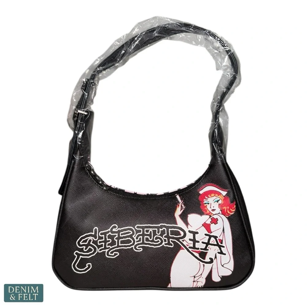 NEW Ed Hardy x Siberia Hills Collab Pink Black Logo Y2K Hobo Shoulder Bag Purse